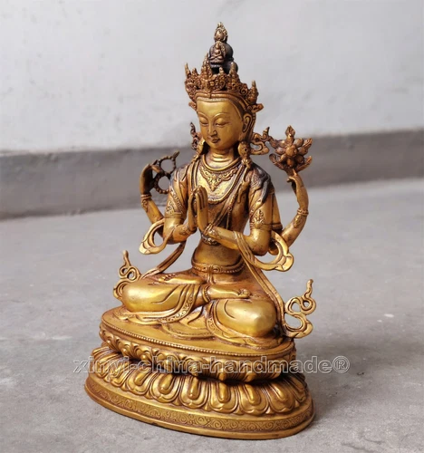 Antique Kwan-yin Buddha Statue blessed 4 arms guanyin Old Bronze gilt 12.4“/31cm - Picture 6 of 10