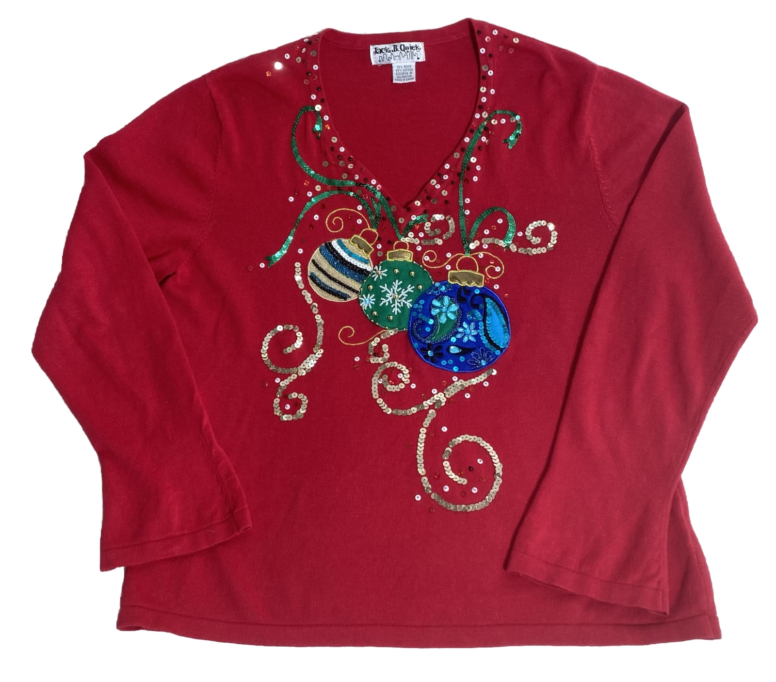 Jack B Quick Vtg Christmas Women’s XL Red Sweater Ornaments Sequins 45