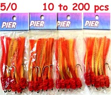 10 to 200 pcs 5/0 Shrimp Fly Rigs Tied Hook Red Yellow Rockfish Baits Select Qty