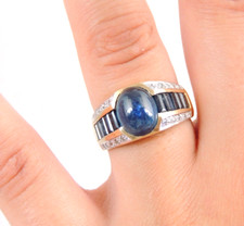 Anello zaffiro e diamanti taglio particolare, oro giallo 750 18 carati, misura 57