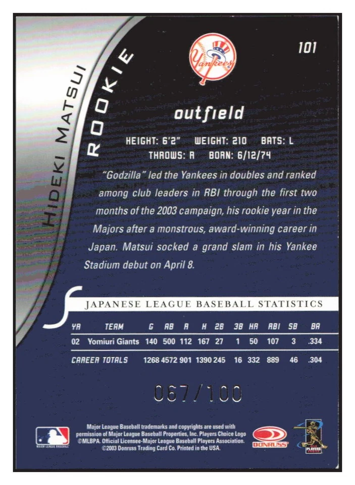 F211 HIDEKI MATSUI RC 2003 DONRUSS SIGNATURE SERIES CENTURY PROOFS 67/100 #101 - Image 2 of 2