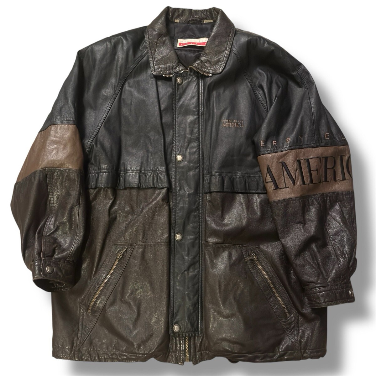 VTG Perry Ellis America Leather Jacket Brown Colorblock Bomber