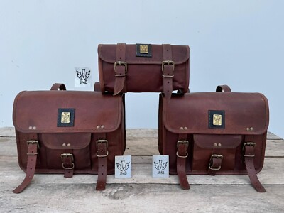 Leather Motorcycle Saddle Bag Brown Side Panniers Saddlebags Tool Bags 3 Pcs