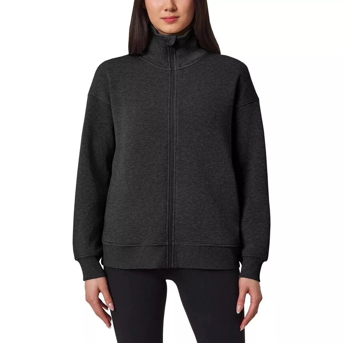 Mondetta Women Small Heathered Full-Zip Fleece Jacket High Collar Mock Neck Gray