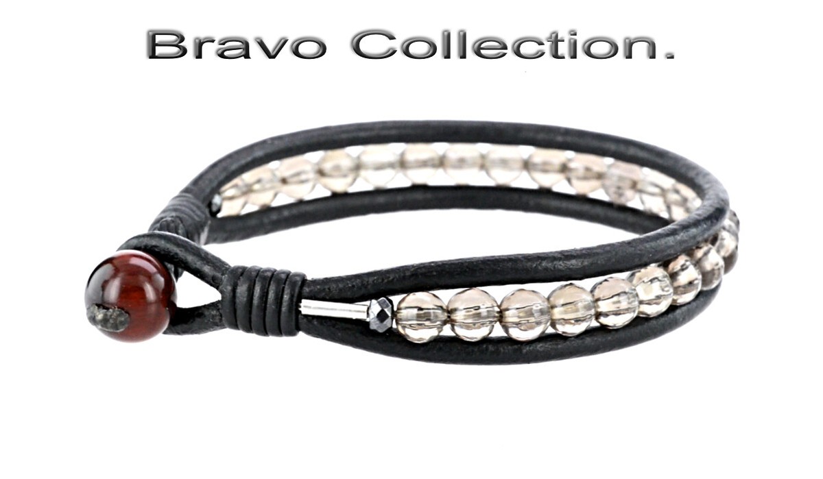 1B-479 HANDMADE Genuine Smoky Quartz, Iron Ore Leather Armband