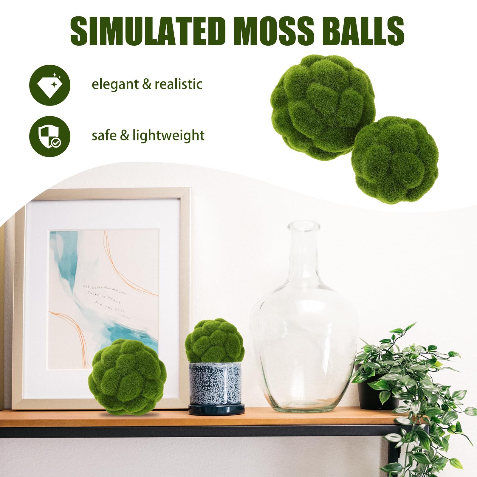 Artificial Balls 2pcs Faux Green Moss Globes 10cm+12cm Plant Topiary Ornament