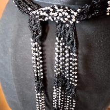 Women Black  Silver Sash Swag Belt 70" w Fringe