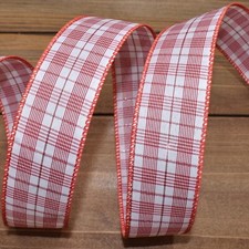 Red White Silver Plaid Wired Ribbon 1.5"W x 10 Yards