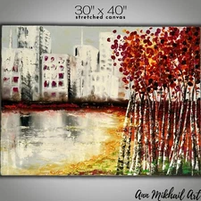 Oil Painting Abstract Cityscape Modern Birch Trees Large Gallery 30 by 40 AMA