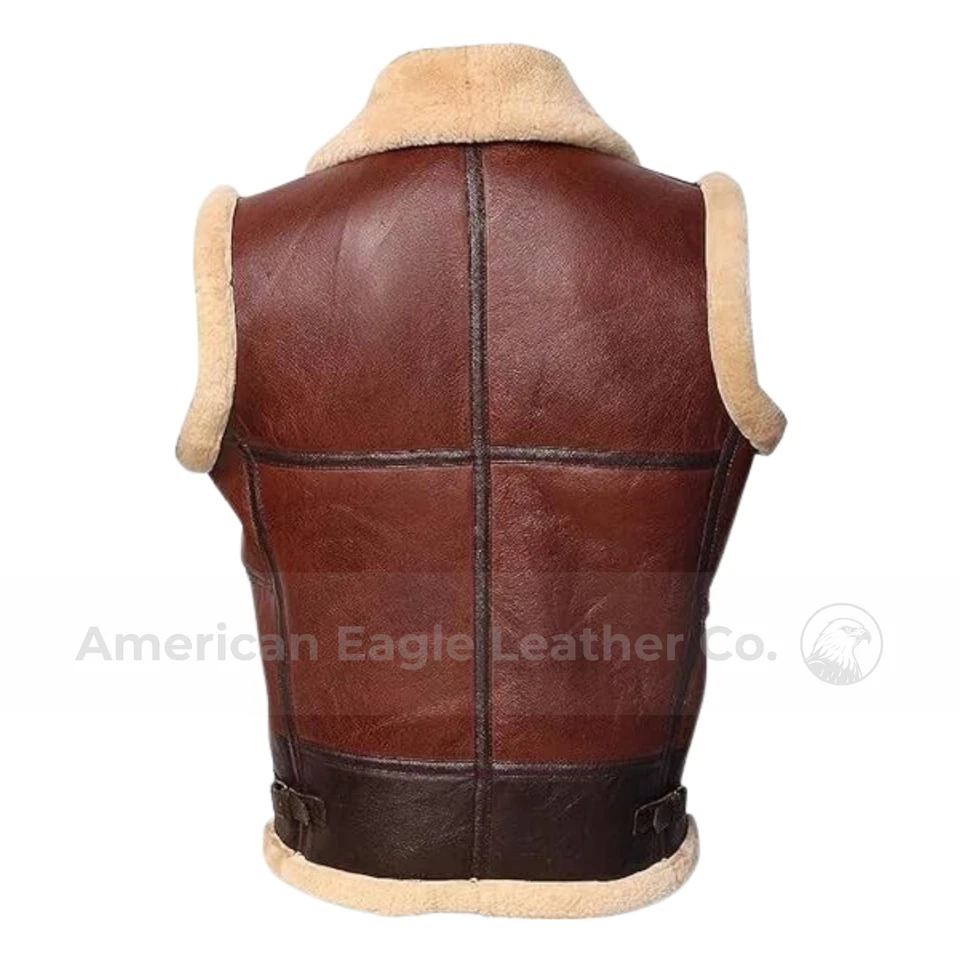 Men's Brown Aviator B3 Shearling Bomber Leather Vest Genuine Sheepskin Faux Fur - Image 2 of 4