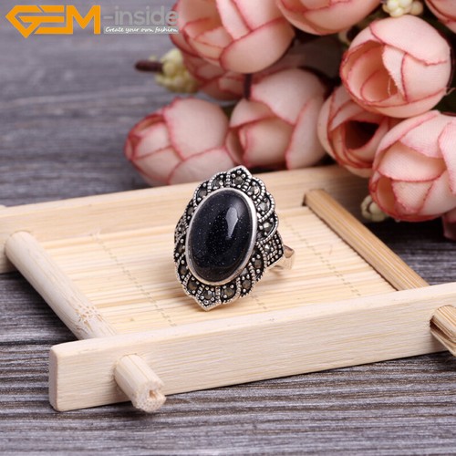 Natural Oval Gemstone Charm Rings Tibetan Silver Marcasite Jewelry Women Gift - Picture 17 of 32