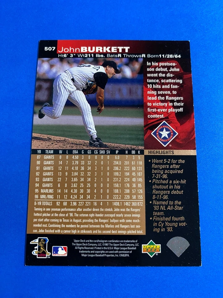 JOHN BURKETT 1997 UPPER DECK AUTO SIGNED TEXAS RANGERS GIANTS ATLANTA BRAVES - Image 2 of 2