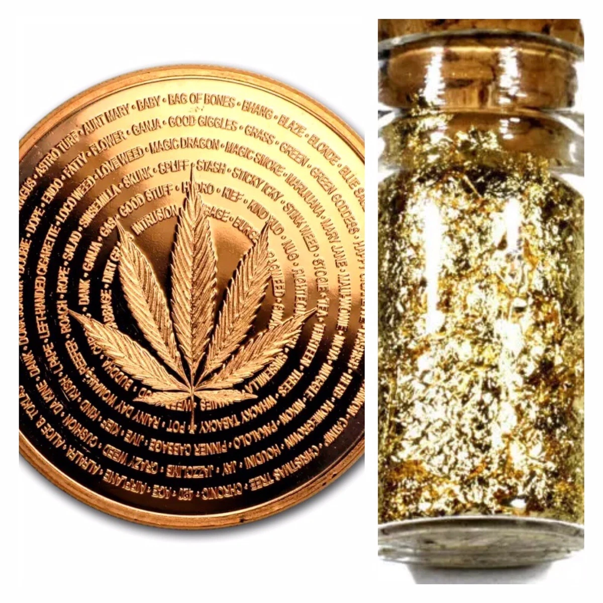 2) 1 OZ .999 COPPER CANNABIS MEDICINE COINS + 3 JARS 24K GOLD FLAKES FREE  SHIP | eBay