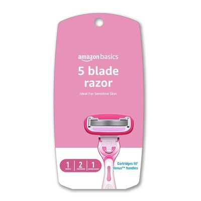 Amazon Basics Women's 5 Blade FITS Razor for Women, 2 Count (Pack of 1), Pink 