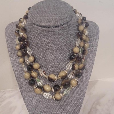 Attractive Vintage 3 Strand Brown Bead Clear Acrylic Goldtone Necklace