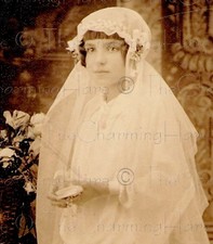 Vintage Photo 1920s First Communion Girl Veil Candle Church Portrait 5x7