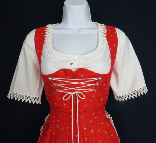 AUTHENTIC VTG STRASSER TRACHTEN RED GERMAN DIRNDL DRESS APRON SHIRT SIZE 44 LACE - Picture 5 of 24