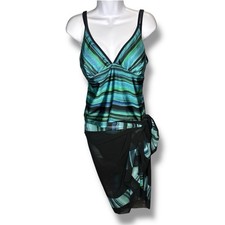 NWT Croft & Barrow 3 Piece Tankini Bathing Suit Set Size 12 Black Blue Sarong
