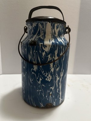 Vintage Blue swirl Enamel graniteware Dairy Can Container  collectable & lid