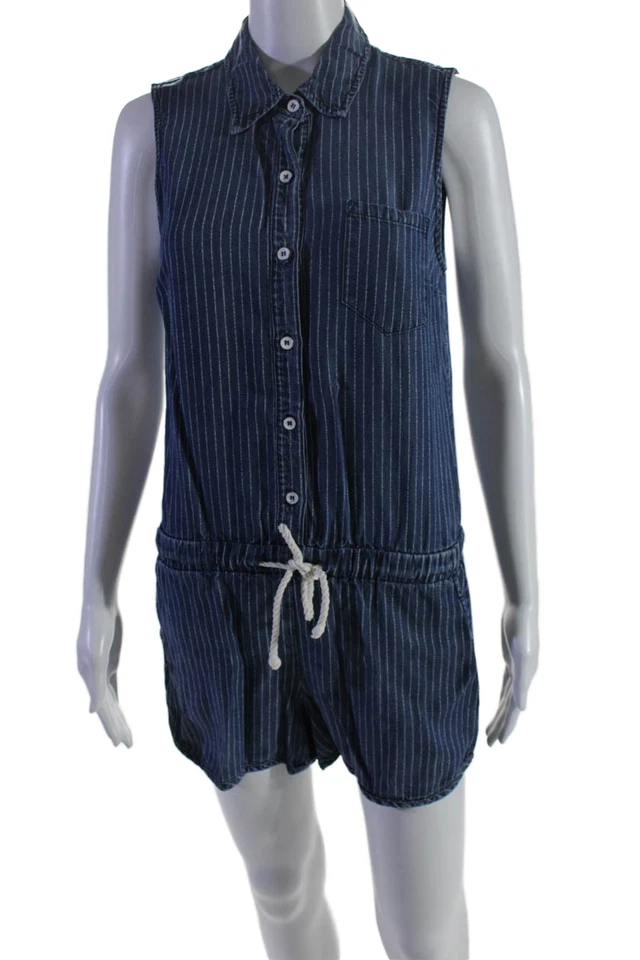 Splendid Womens Striped Sleeveless Collared Button Up Romper Blue Size XS - Image 2 of 4