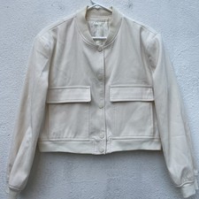 Canvas Bomber Jacket Womens 12 Medium Off White Cream Snap Front Varsity Collar