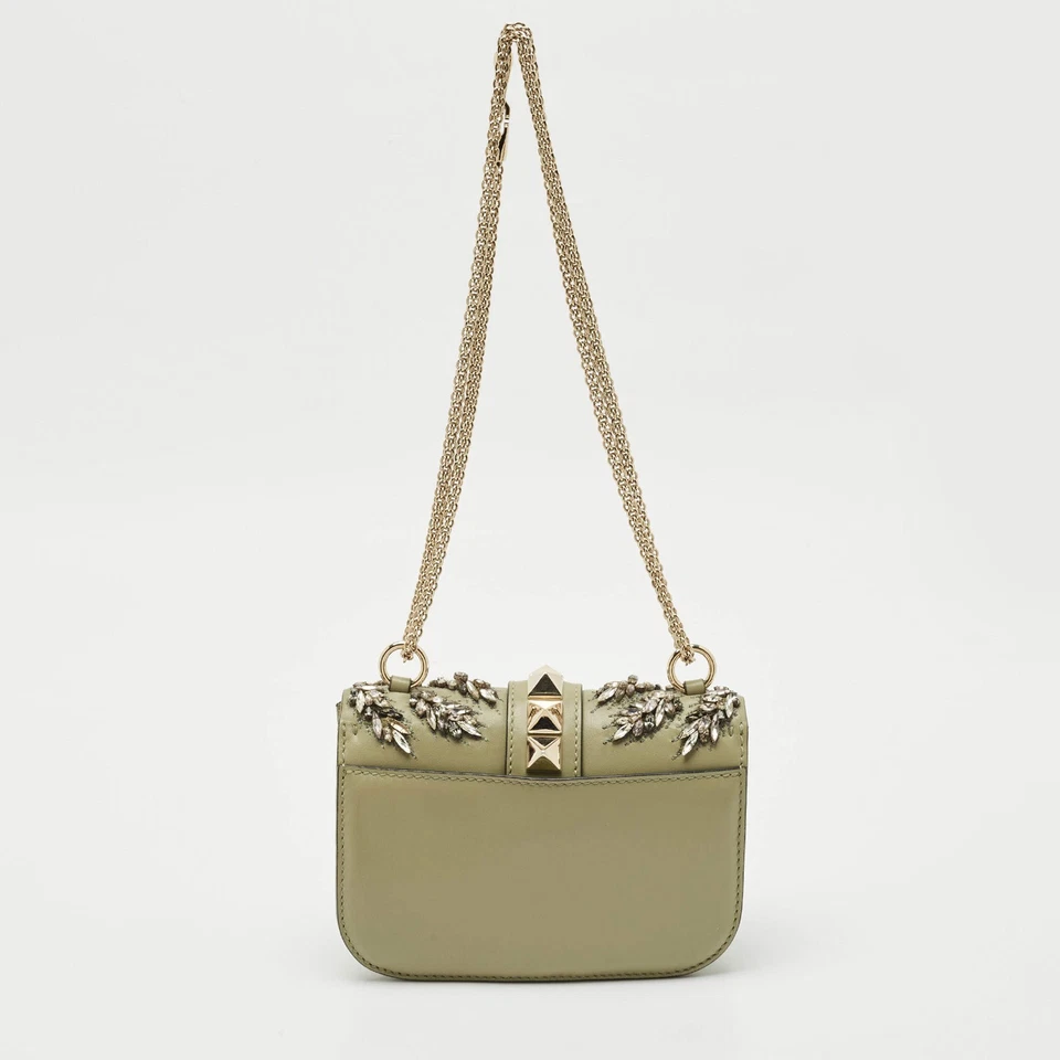 Valentino Olive Green Leather Small Rockstud Glam Lock Crystals Flap Bag - Image 4 of 4