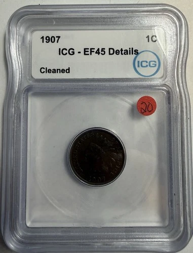 1907 Indian Head Cent Penny - ICG EF 45 Details