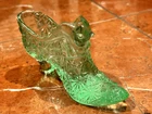 Fenton Art Glass 5" Victorian SLIPPER BOOT APPLE GREEN CAT HEAD Daisy Button EUC