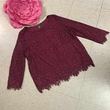 ADRIANNA PAPELL Womens Sz XL Burgundy Lace Scallop Trim Long Sleeve Top Fairy