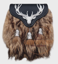 Scottish Real black Leather kilt sporran stag head design coyote fur
