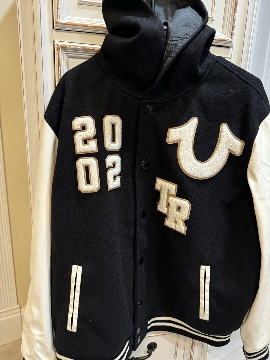 True Religion Men's Black & White Hooded Varsity Jacket Size XL