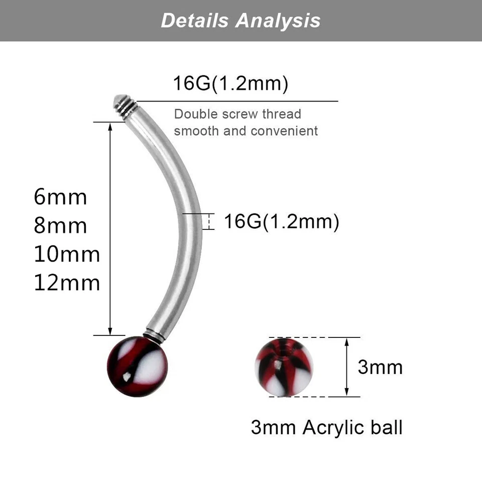 10/20/30pc Mixed Color Ball Cone Eyebrow Ring Curved Bar Barbell Body Piercing Foto 2 de 2