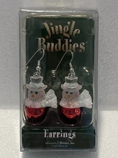 Jingle Buddies 2003 VTG Dangling Frosted Glitter Snowman Red Bell Earrings - New