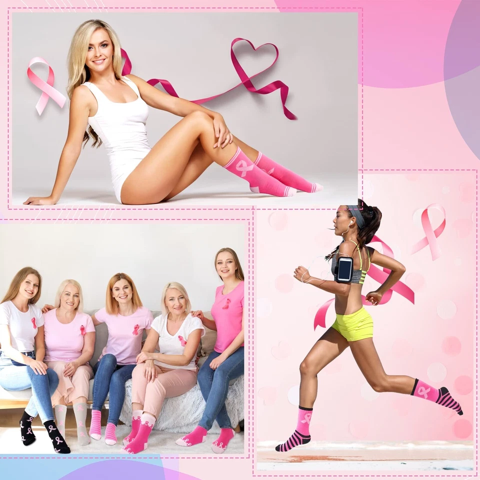 3 pares de meias femininas a granel consciência do câncer de mama rosa multicolorido sn6 tamanho 7-14 - Imagem 4 de 4