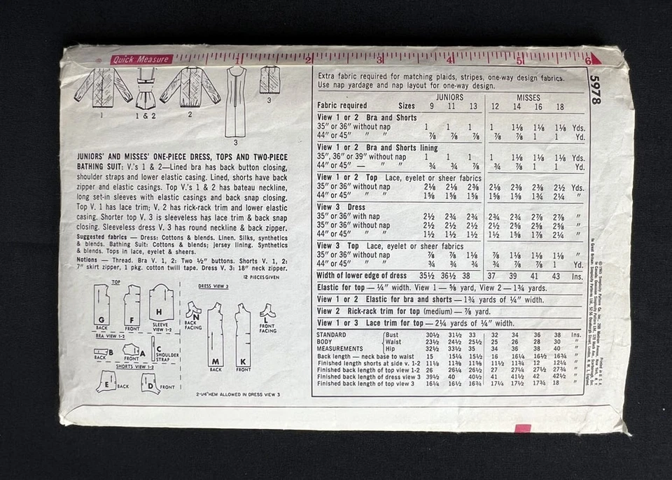 Simplicity 5978 Misses Dress-Tops-Swim Suit 1965 Pattern Old sz 12 Bust 32" Cut - Image 2 of 2