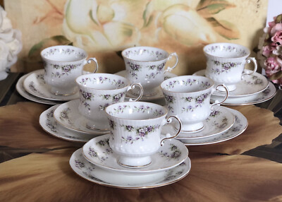 6x Trio Porzellan elisabethanisch - Chantilly - lila floral auf weißem, vergoldetem Rand