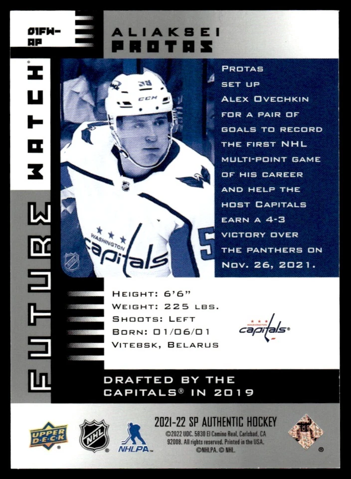 2021-22 SP Authentic /900 aliaksei Protas Rookie Washington Capitals #01FW-AP - Image 2 of 2