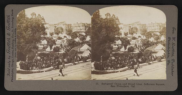 Refugees' camp bread line Jefferson Square San Francisco California Old Photo