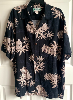 Two Palms Men's Hawaiian Shirt Size XL 100% Rayon Pineapples Black / Beige
