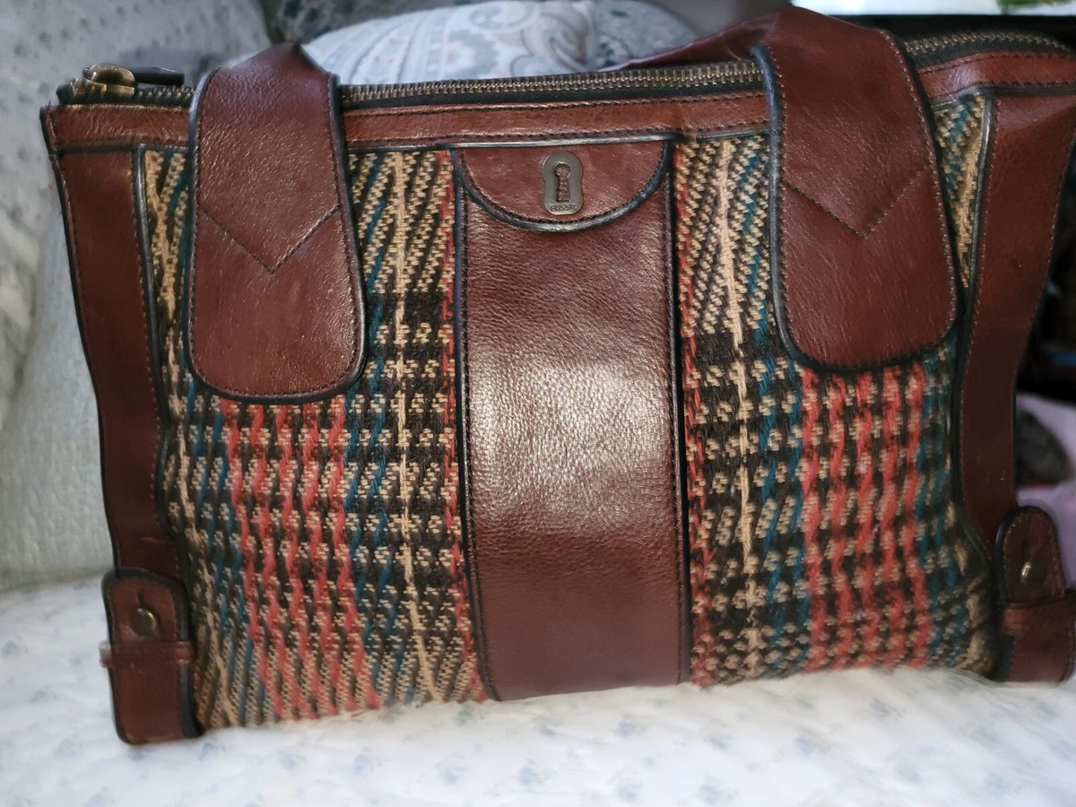 FOSSIL Vintage Reissue Weekender Brown Leather With Plaid Bag EUC
