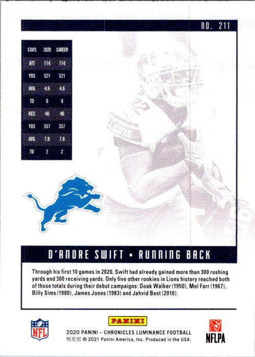 2020 Panini Chronicles #211 D'Andre Swift Luminance Update Rookies