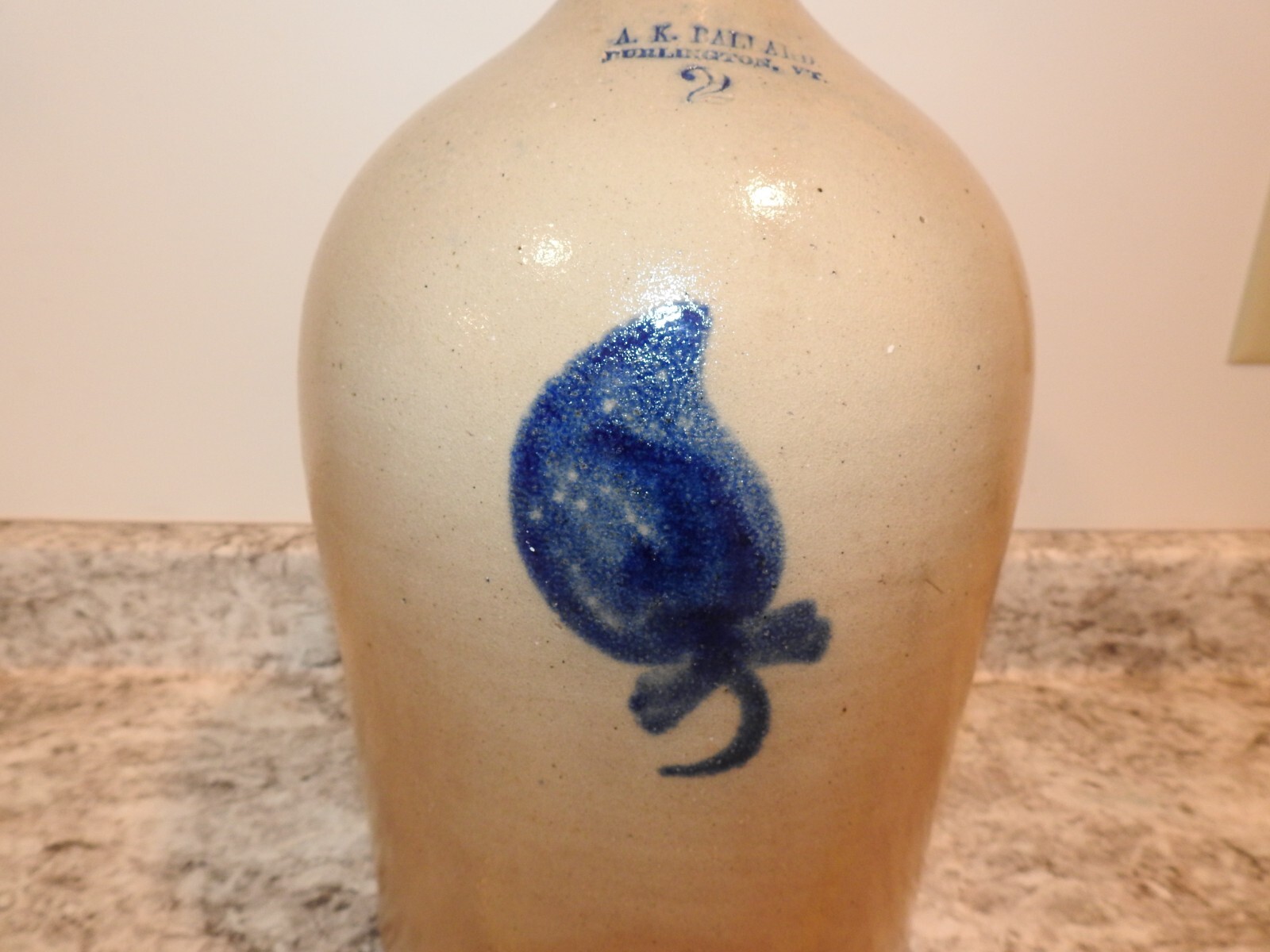 Antique Stoneware Jug W/Cobalt Blue Leaf Motif Primitive Pottery