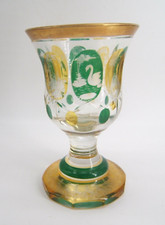 BOHEMIAN GLASS GOBLET MULTI PANELS ETCHED HEA...
