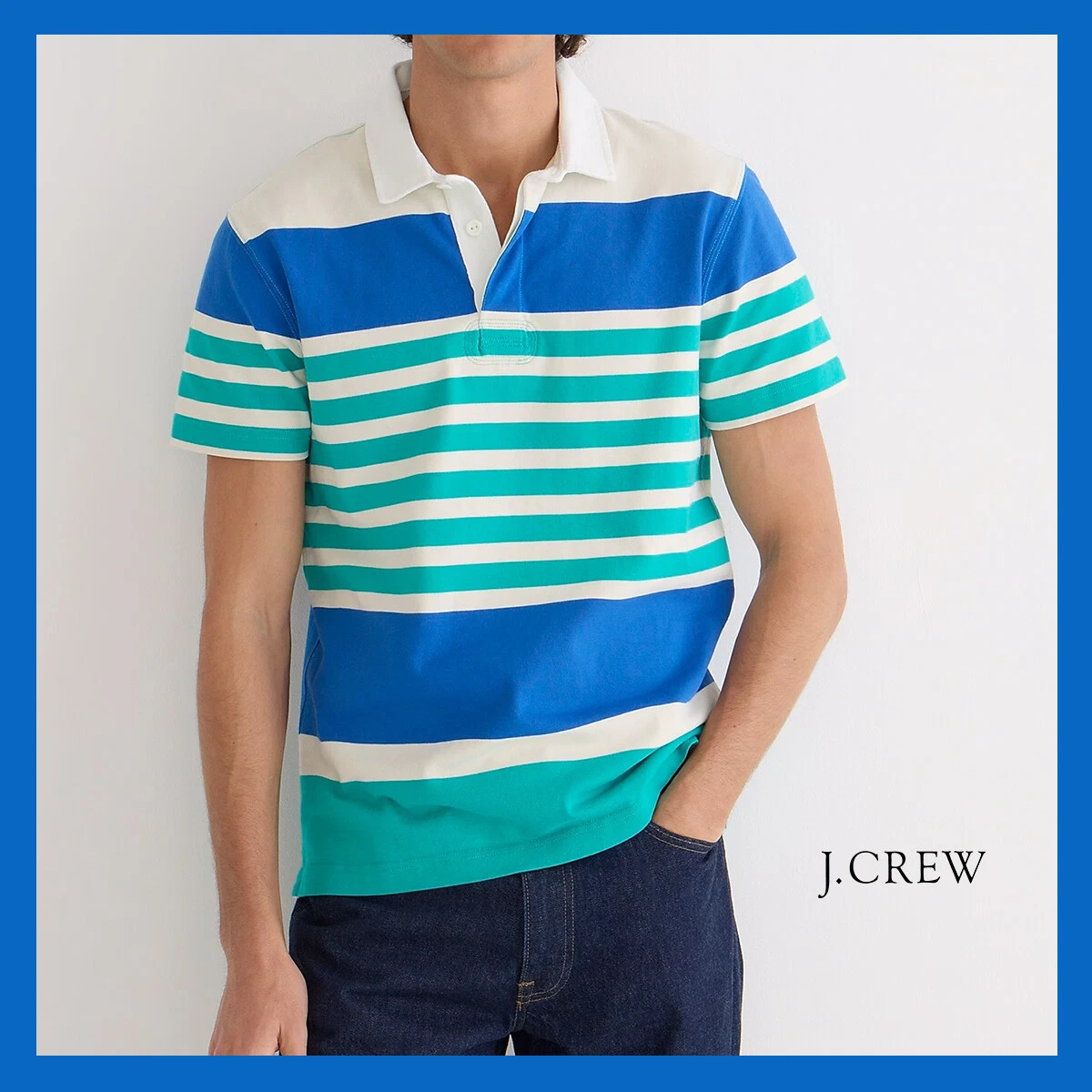 NWT - J. Crew Men's Short-Sleeve Rugby Shirt in Stripe, Reef Mutli Sz L-XL $79