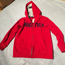 Nautica Boys Red Full Zip Hoodie Logo Fleece Pockets Long Sleeve M 10/12