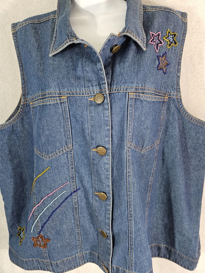 Quacker Factory Denim Vest Womens Large Embroidered Stars Button Up Jean Jacket - Image 3 of 4