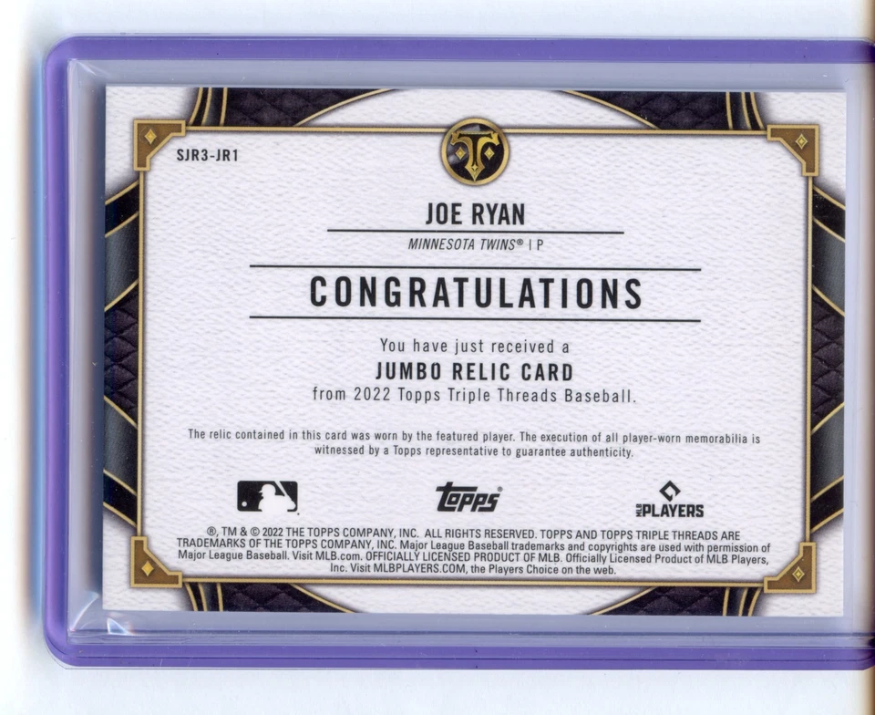 2022 Topps Triple Threads Joe Ryan Single Jumbo Relics Amber 18/18 Rookie - Image 2 of 2