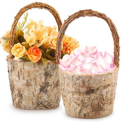 2 PCS Large Retro Wooden Bark Style Flower Girl Baskets With Handles