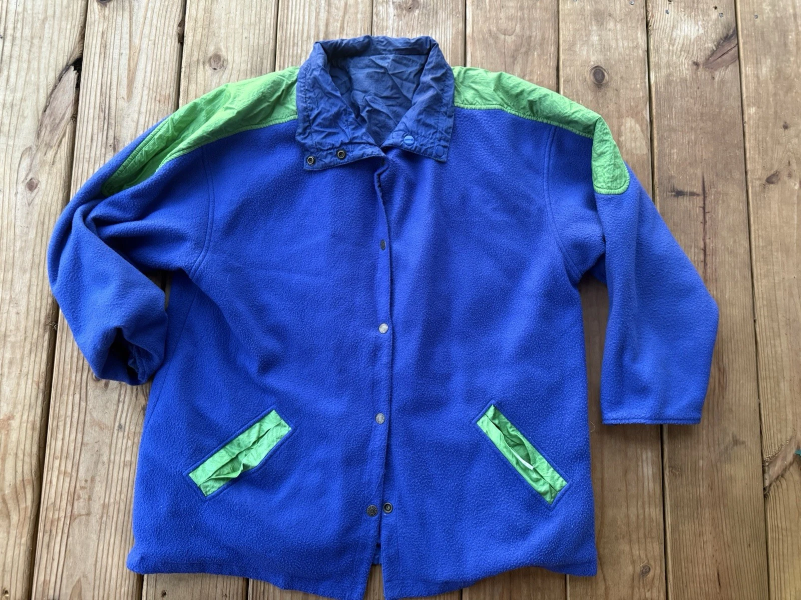 Vintage 80s Center Aisle Reversible Nylon Fleece Jacket Blue Green Unisex Large