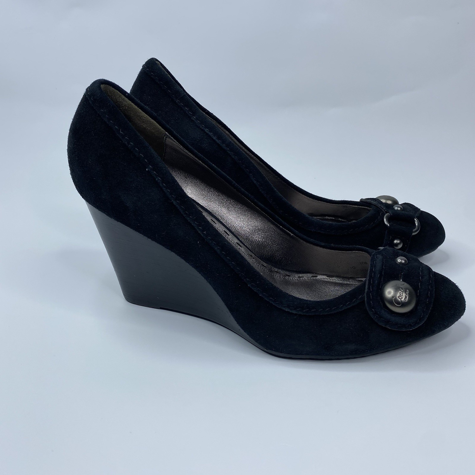 COACH Laney Black Kidsuede Wedges Logo Button Slip-On Pump Heels Size 10B Women